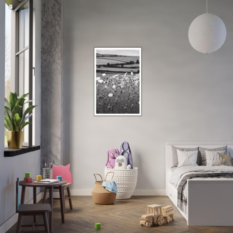Wandbild 'Mohnblumenfeld in Schwarz Weiß'
